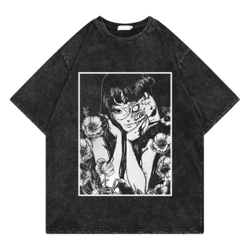 T-shirt homem algodão lavado estilo vintage, mangas curtas, corte largo, streetwear casual