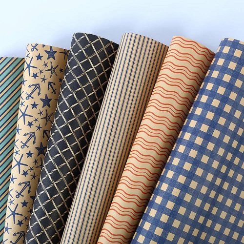 Papel de embrulho 70×50 cm vintage azul com padrão em grelha, ondas e estrelas-do-mar — ideal para embrulhar buquês e prendas de aniversário para homem