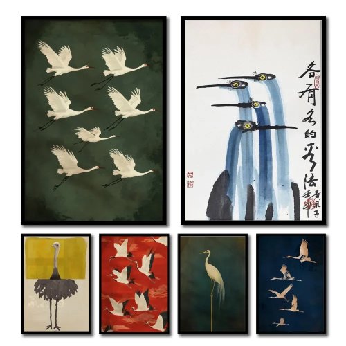 Frameless vintage Japanese crane canvas print — flying crane wall art