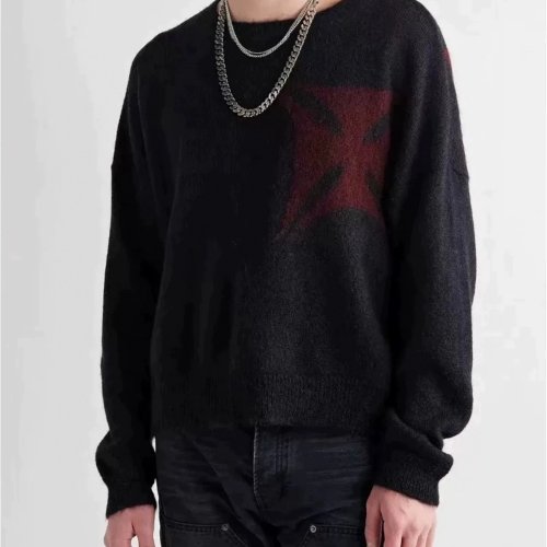 Suéter de punto Rich Kids con bordado de cruz — Estilo retro street unisex para hombre, mujer y niños, cálido y cómodo