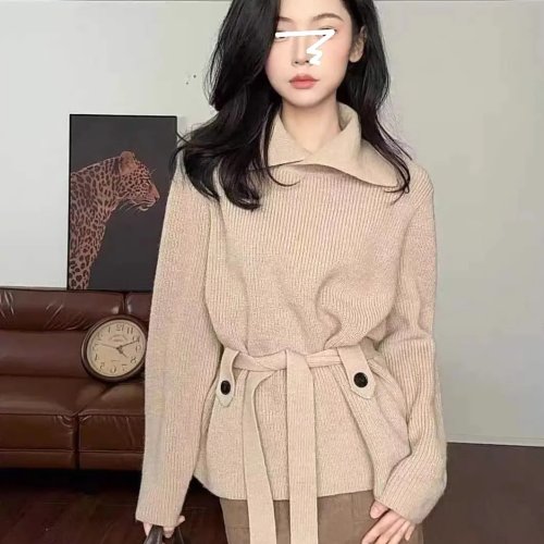 Maglione donna in maglia color avena con cintura in vita — top invernale manica lunga