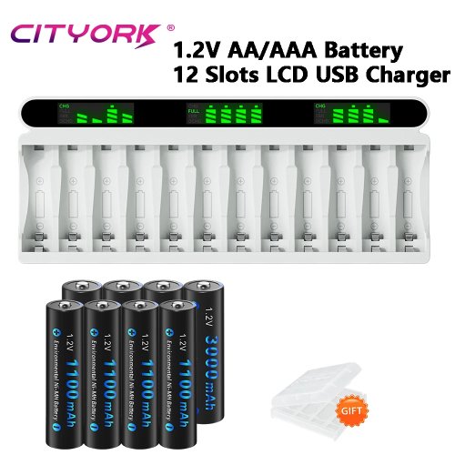 CITYORK Baterías recargables Ni‑MH AA/AAA con cargador USB rápido de 12 ranuras y pantalla LCD