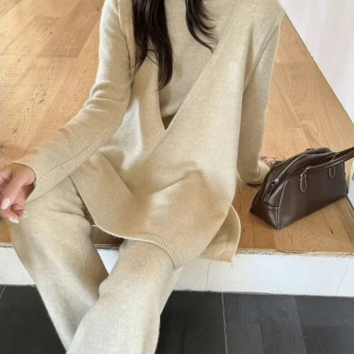 Conjunto de malha feminino estilo coreano 2 peças – colete sem mangas + calças casuais, decote redondo, primavera