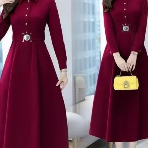 Robe trapèze taille haute à manches longues — Printemps, confortable et casual pour femmes d'âge moyen et seniors