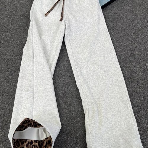 Pantalon de survêtement homme épais doublé polaire, imprimé léopard gris, bords-côtes, coupe large droite, décontracté