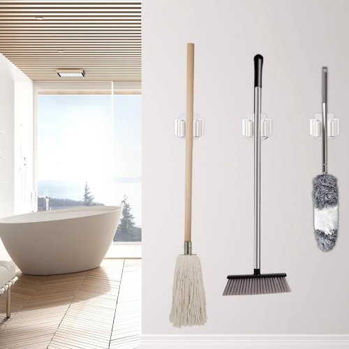 3-Pack Wall-Mounted Mop & Broom Holder with Strong Suction - Easy to Install, Space-Saving Clamp for Kitchen & Bathroom