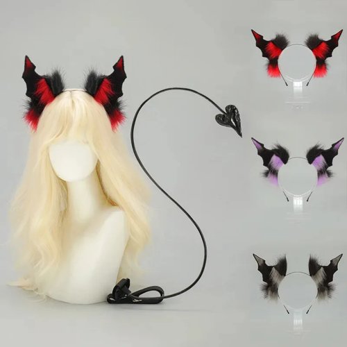 Handgemachtes Halloween-Set: Teufelsohren-Haarreif und Fledermaus-Schweif, formbar – Cosplay-/Club-Accessoire