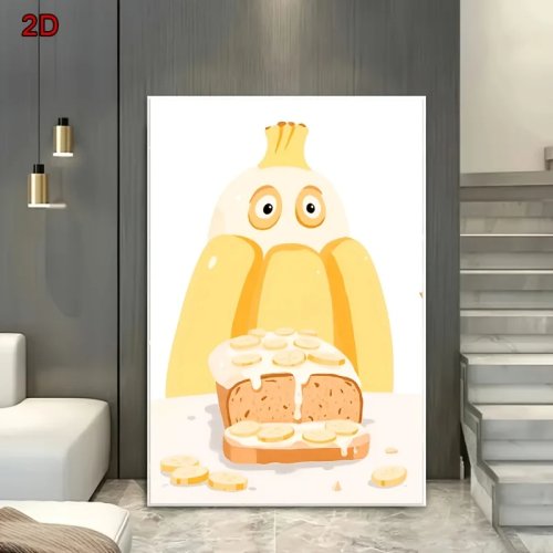 Affiche vintage «Banana Bread» et banane — Toile 2D sans cadre, déco cuisine ludique pour cafés, salons de petit‑déjeuner et pâtisseries