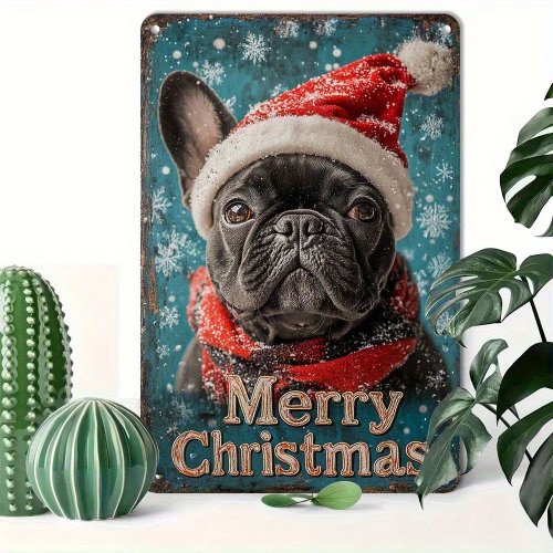 Cartel de hojalata vintage Bulldog Francés Navidad — Decoración de pared en aluminio rústico con gorro y bufanda de Papá Noel, texto "Merry" y copos de nieve