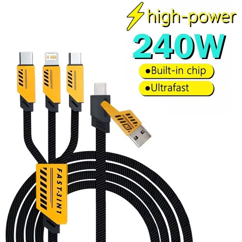 สายชาร์จ 3‑in‑1 ชาร์จเร็ว 240W ยาว 1.2 ม. — Micro USB / USB‑C / Lightning มีหลายพอร์ต USB สำหรับ iPhone และ Huawei
