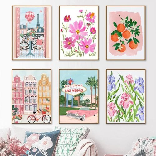 ダイヤモンドペインティング ミニマリストポスター – 書店とカフェの風景、ピンクの花、おしゃれなウォールアート（部屋用）
