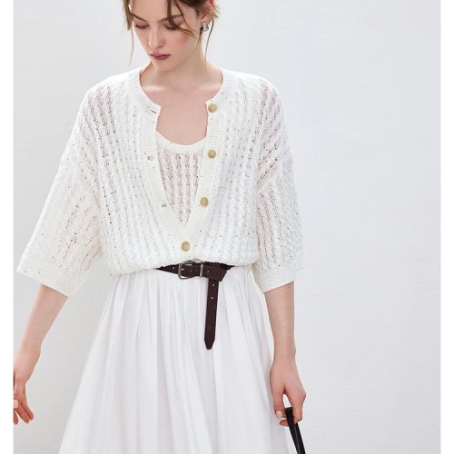Conjunto cardigan de malha em linho com lantejoulas brilhantes, manga comprida, comprimento normal, com botões