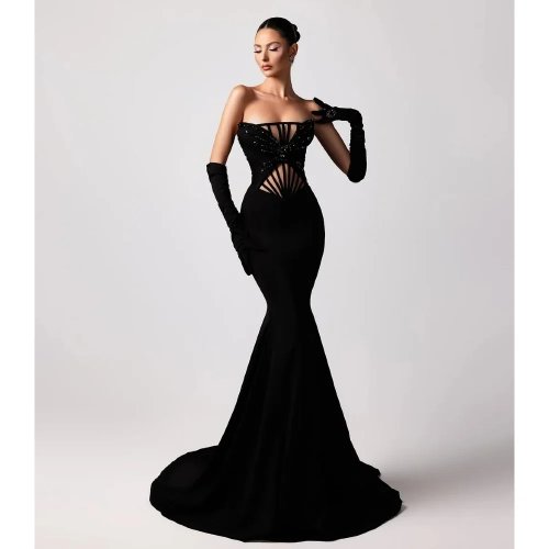 Abito da sera nero stile sirena vintage, senza spalline, perline glitter, lungo fino a terra, per cerimonia/occasioni speciali, personalizzabile