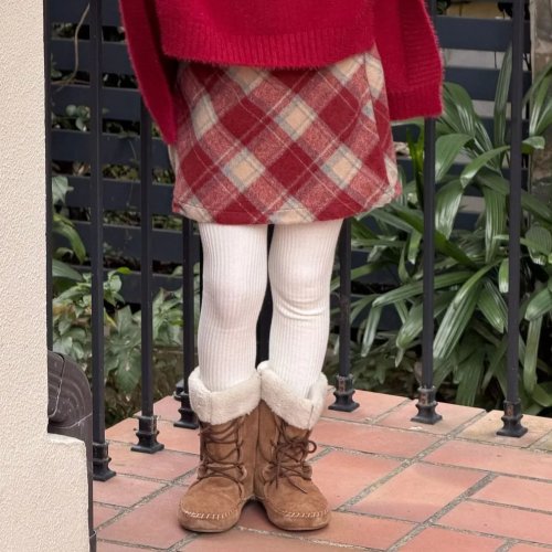 Falda para niña a cuadros rojos de lana, corte A, cintura alta y forrada gruesa — estilo boutique sencillo