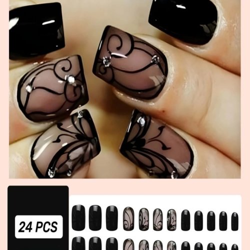 24 uds. Uñas postizas cortas negras press-on con diseño de rosa — forma ballerina cuadrada, full cover
