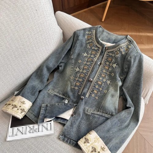Dżinsowa kurtka damska niebieska z haftem w stylu retro, okrągły dekolt, patchwork/splice, luźny krój, długie rękawy