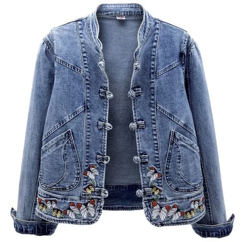 Casaco curto de ganga para mulher com gola dobrada, estilo Y2K streetwear, corte com painéis (splice), casual elegante — Outono/Inverno 2025
