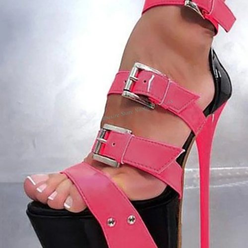Sandales plateforme rose femme, multiples boucles, bout ouvert et talon aiguille