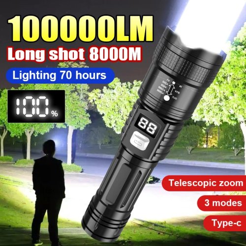 100000LM Super Bright USB-C Rechargeable Tactical Flashlight — Long-Range Waterproof Camping Torch