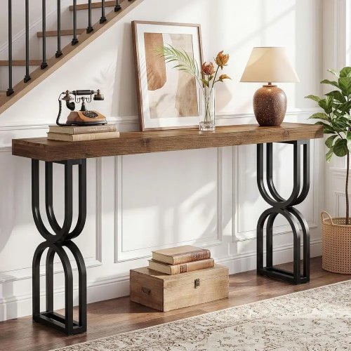 Rustic brown 59-inch solid wood sofa table with industrial U-shaped metal legs — console table for living room, entryway and hallway