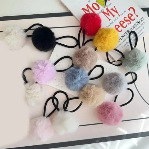 2 pcs Princess Colorful Pompom Furry Ball Hair Ties – Cute Y2K Ponytail Holders