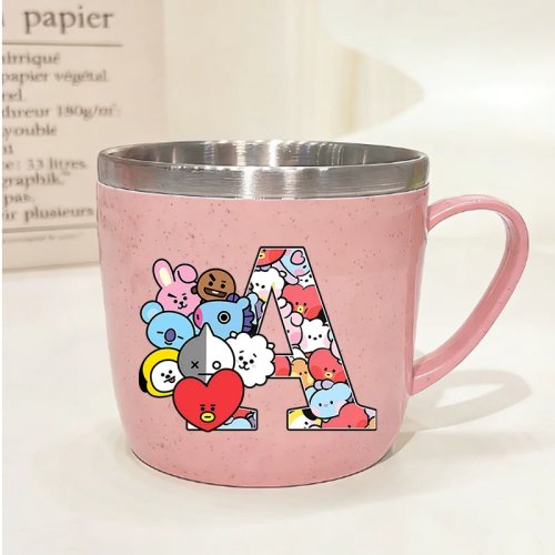 Mug inox BT21 COOKY – Tasse kawaii café/lait imprimée Lettres A–Z, anti‑brûlure, pour camping, idée cadeau