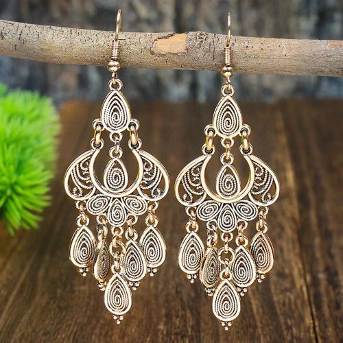 Bông tai boho vintage màu bạc – giọt nước kèm tua rua dài, rỗng chạm khắc cho nữ