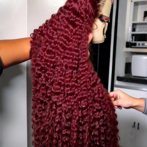 Peluca frontal 13x6 HD, ondas water wave rizadas, pelo humano Remy brasileño, 36/38 in, borgoña (99J)