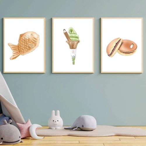 Affiche aquarelle desserts – Pudding & Taiyaki, impression effet diamant, décoration murale pour cuisine et café, idée cadeau