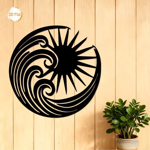 Décor mural en fer 2D «Soleil & Vagues» — Ornement métallique plat pour salon, chambre, bureau (intérieur/extérieur)