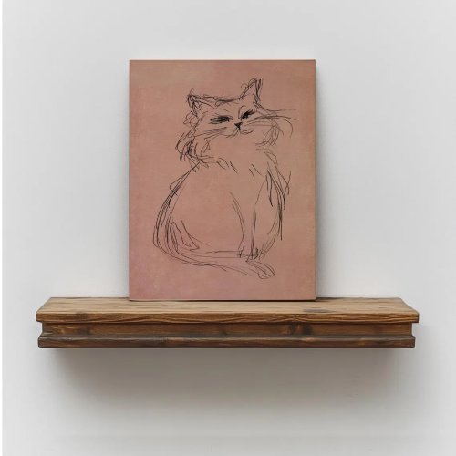 Lámina minimalista de gato – Dibujo lineal en tinta negra de un gato esponjoso sobre fondo rosa suave, póster decorativo