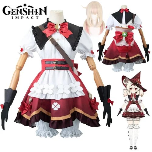 Genshin Impact Klee Cosplay-Kostüm mit Perücke – 'Blossoming Starlight' Skin, Damenkostüm für Halloween und Conventions
