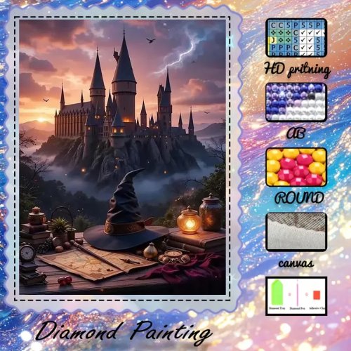 Kit Pintura de Diamantes 5D DIY – Lienzo Flocado con Diamantes Especiales – Mosaico Castillo Mágico (1 pieza)