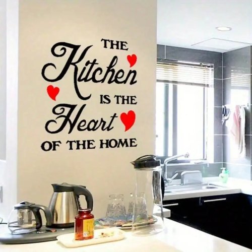 Autocolante de parede removível para cozinha 'A cozinha é o coração da casa' com coração — decoração de cozinha familiar
