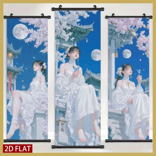 Lot de 3 panneaux muraux plats - Fleur de cerisier au clair de lune, rouleau plastique, style ancien élégant pour salon