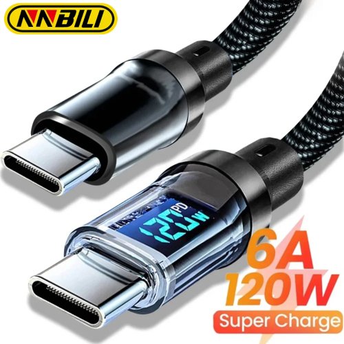 Cabo de carregamento rápido NNBILI 120W USB-A para USB-C e USB-C para USB-C com visor LED — Não compatível com iPhone, Samsung, Xiaomi
