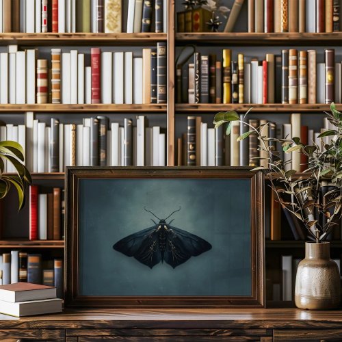 Affiche décorative «Phalène nocturne» — tirage artistique sur fond bleu sarcelle profond avec accents dorés