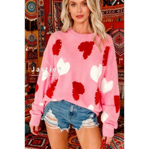 Camisola oversize rosa de mulher com estampado de corações — gola redonda, mangas compridas, coração vermelho/branco com pérolas, top macio casual