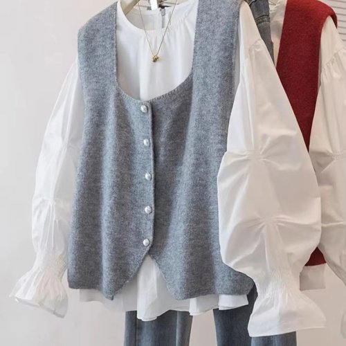 Women's knitted 2-piece set (vest + skirt), French-style, plus size, loose casual fit, solid color