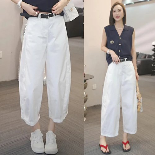 Pantalon femme cropped 7/8 ample style décontracté, imprimé floral, été, tissu fin