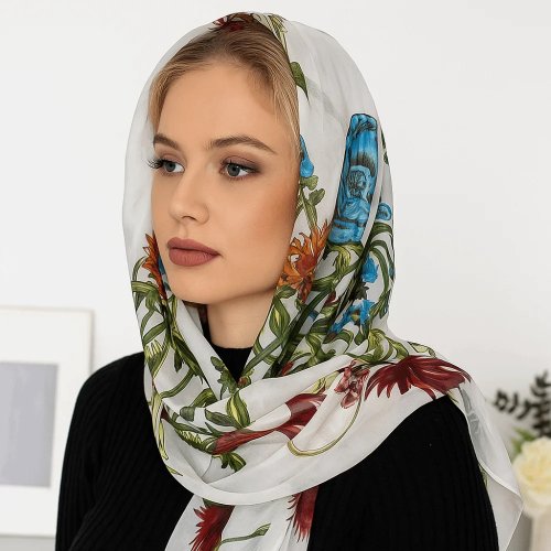 Lenço de seda bordado para mulher — longo, respirável, com proteção UV, macio