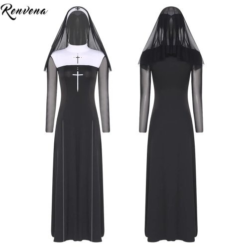 Déguisement de nonne femme avec voile, imprimé croix, manches en résille et fente — robe longue pour carnaval/cosplay