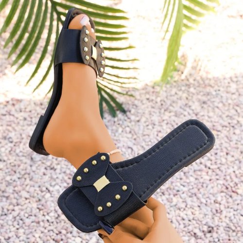 Sandales femme 2026 à nœud et rivets métalliques, plates, bout carré ouvert, légères — sandales d'été casual