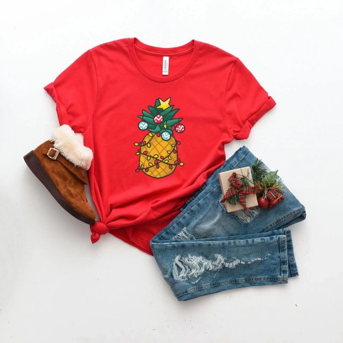 T-shirt femme « Noël Tropical » avec ananas et guirlandes lumineuses – amusant, pour fête/été