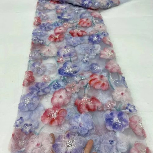 Tecido tule de malha colorido com flores 3D bordadas em fita e contas — para vestidos de cerimónia