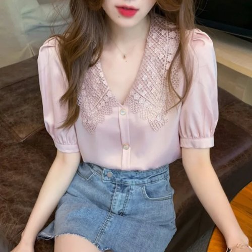 Blusa de chiffon feminina manga curta verão – estilo coreano, caimento elegante, ideal para trabalho