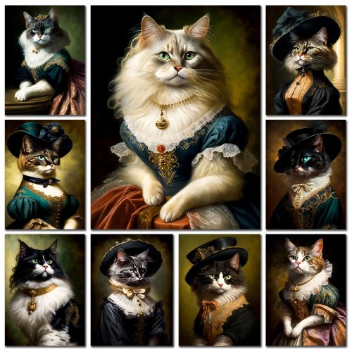 Renaissance aristocrat black & white cats drinking beer — elegant animal diamond painting poster wall art for home/room