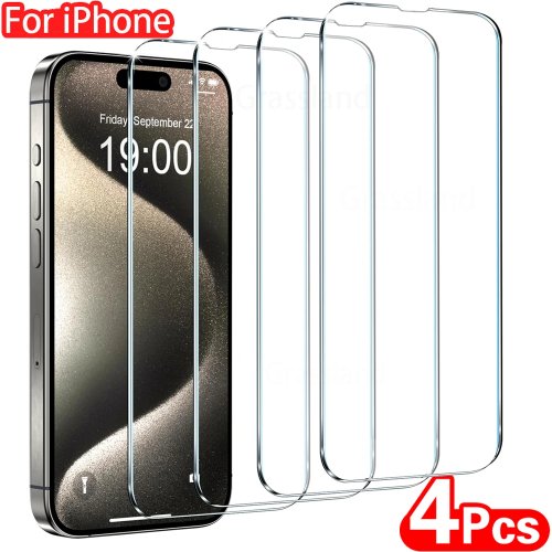 Pack 4 Películas de Vidro Temperado para iPhone 16/15/14/13/12/11/Pro/Pro Max/X/XS/XS Max/XR/8/8 Plus/7/7 Plus