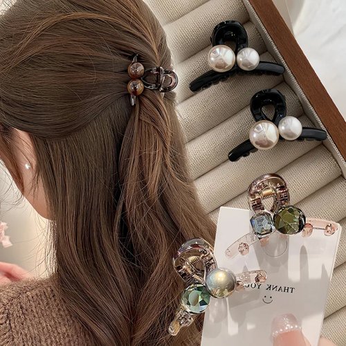 Pinza garra mini acrílica con perlas sintéticas y strass — clip para cabello mujer/niña