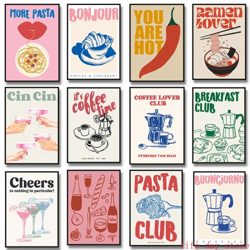 Tableau toile pour cuisine – Affiches food & wine (Vin «Cin Cin», pâtes, ramen, café) déco murale